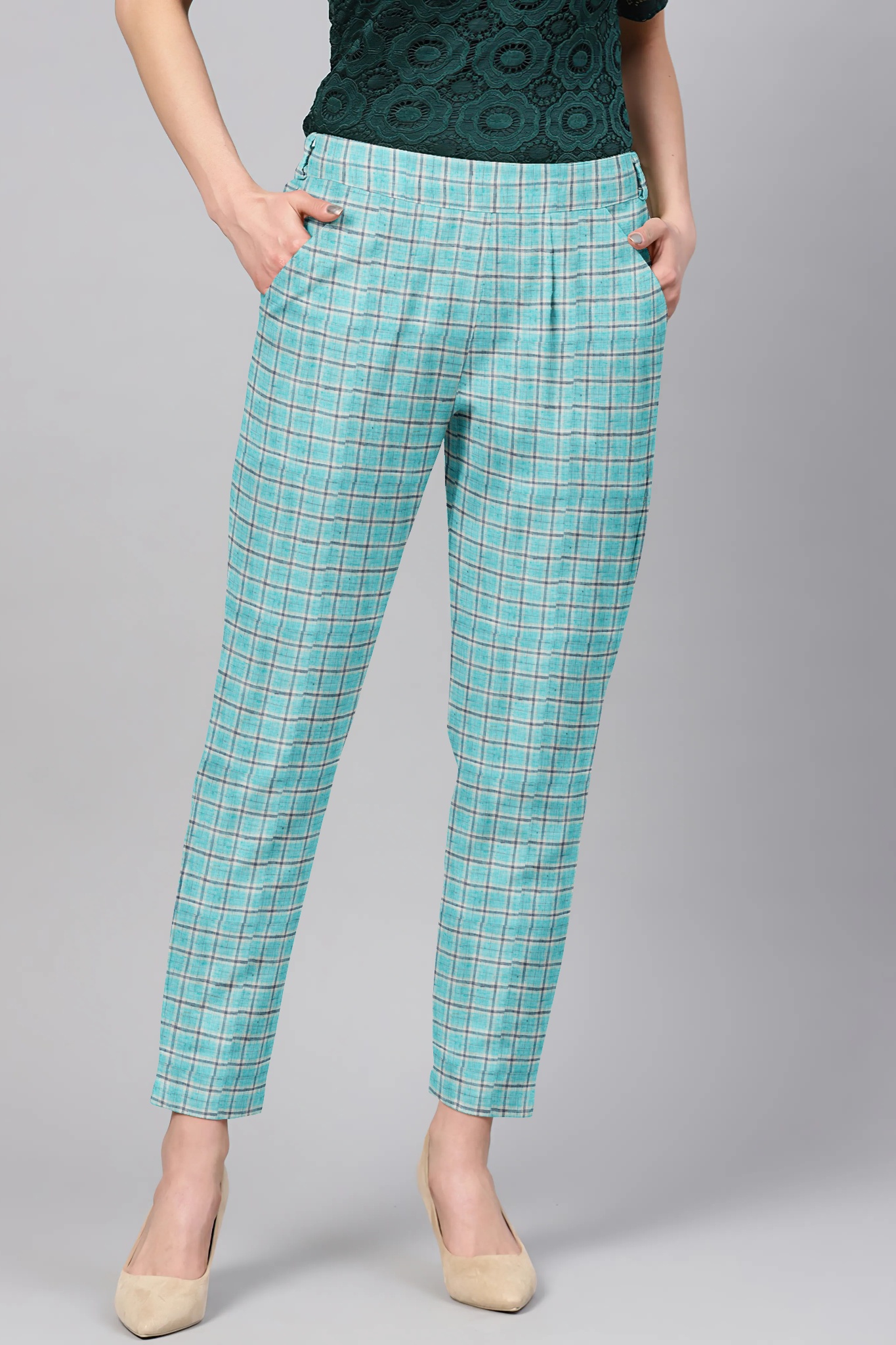 Sky Blue Black Cotton Check Regular Fit Solid Trouser-36081