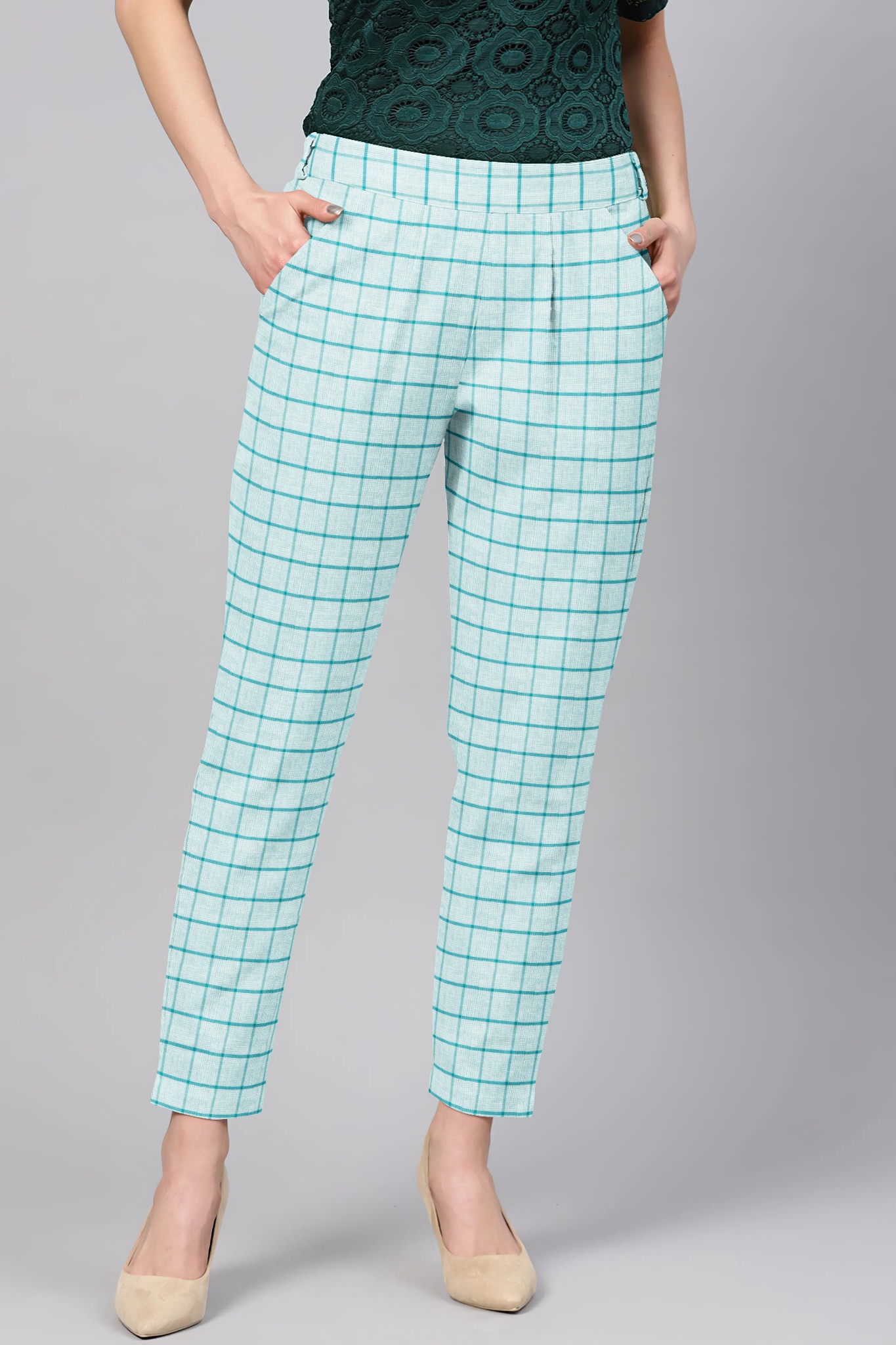 Sky Blue Black Cotton Check Regular Fit Solid Trouser-36095