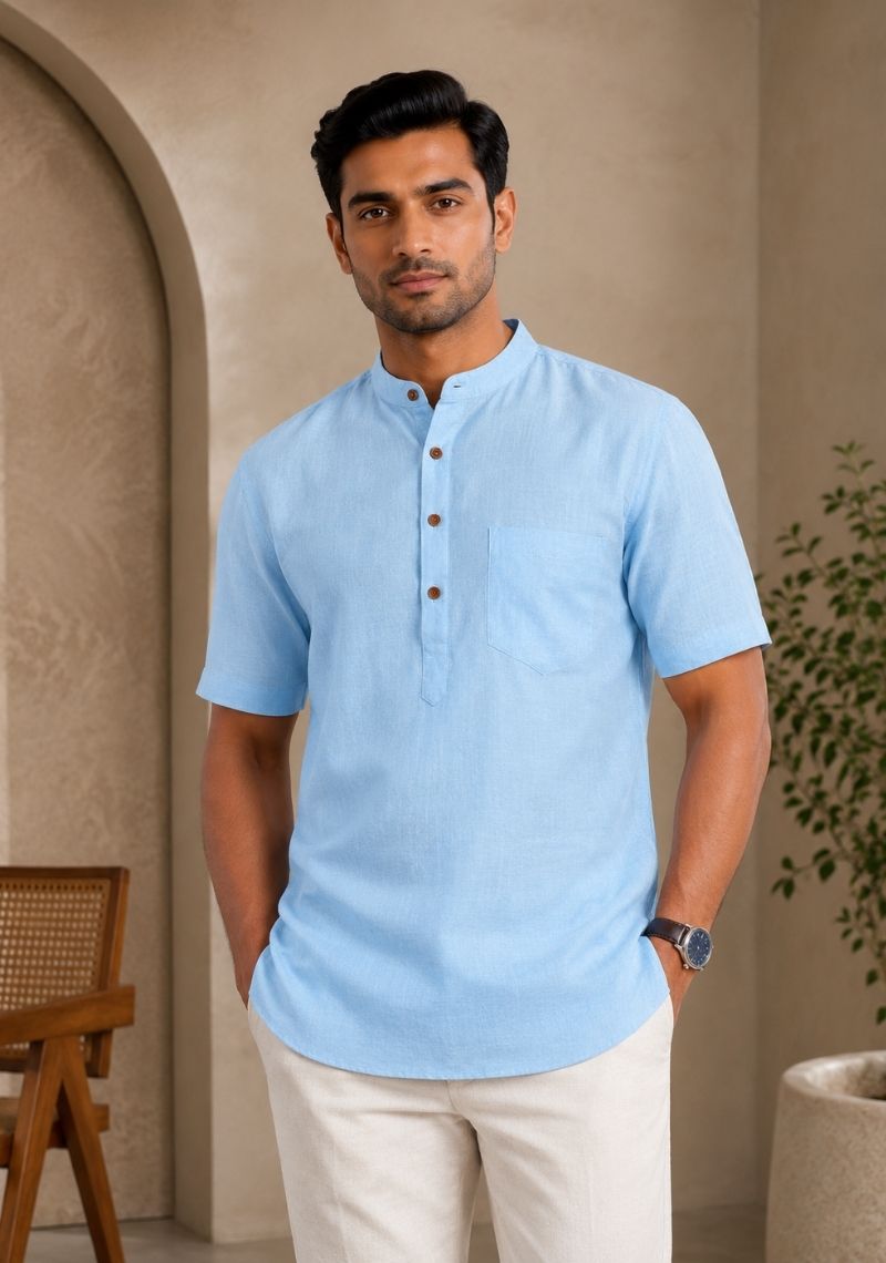 Sky Blue Cotton Half Sleeves Short Kurta-51283