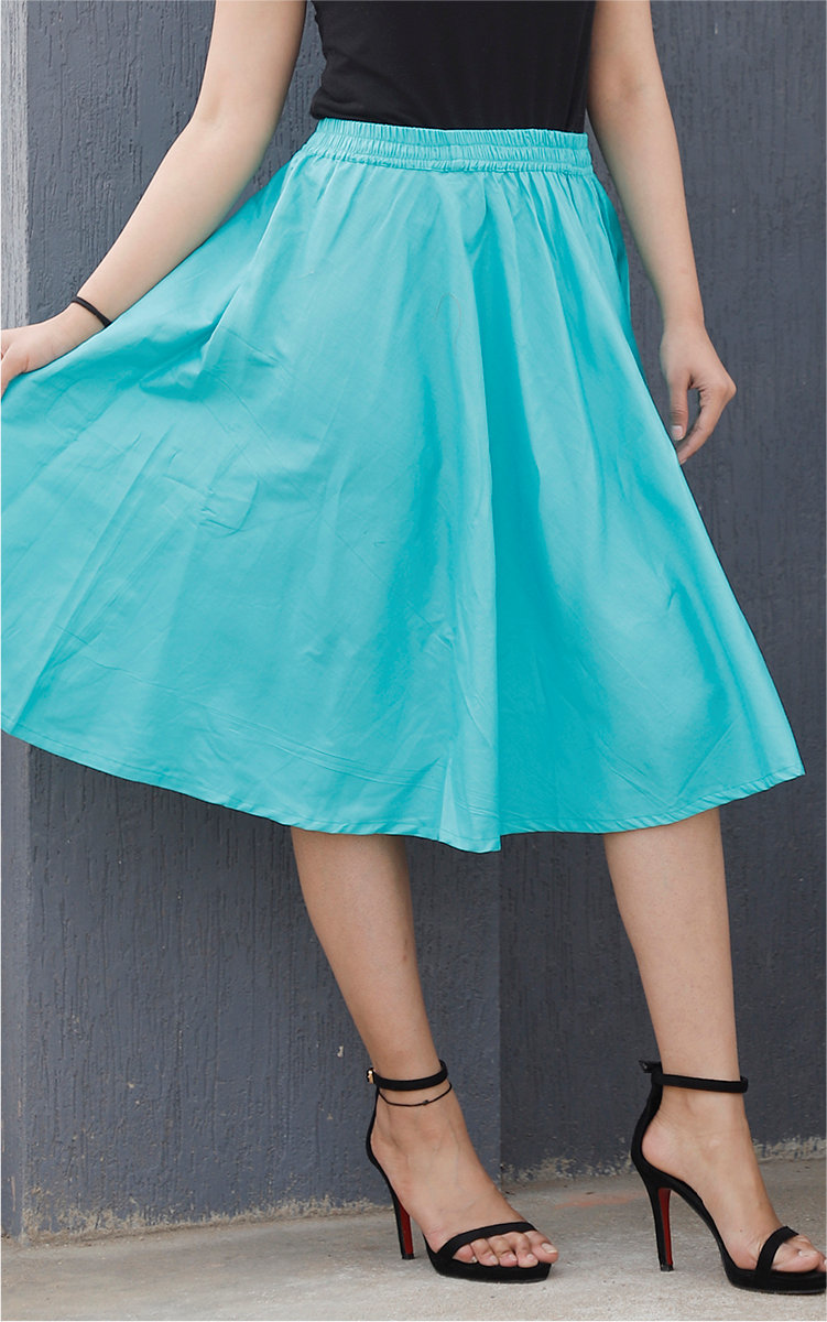 Sky Blue Cotton Women Knee-Length Skirt-35299