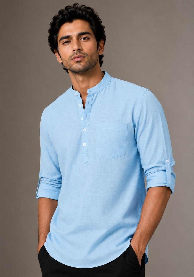 Sky Blue Linen Solid Short Kurta-51025