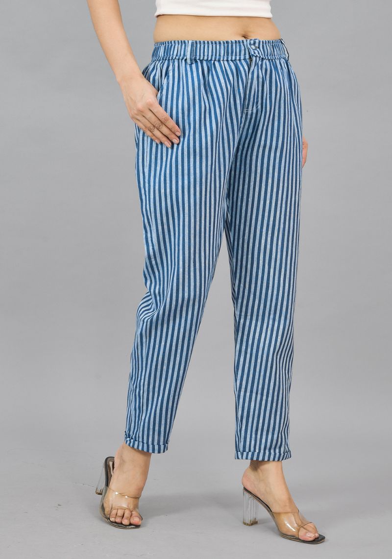 Sky Blue Navy Blue Cotton Stripe Women Straight Trouser-43999