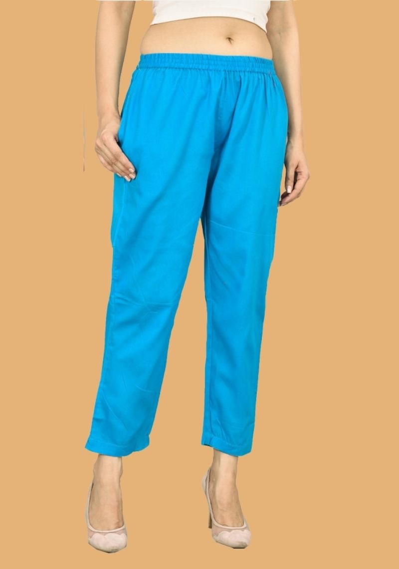 Sky Blue Solid Matty Jacquard Women Ankle Length Pant-43585