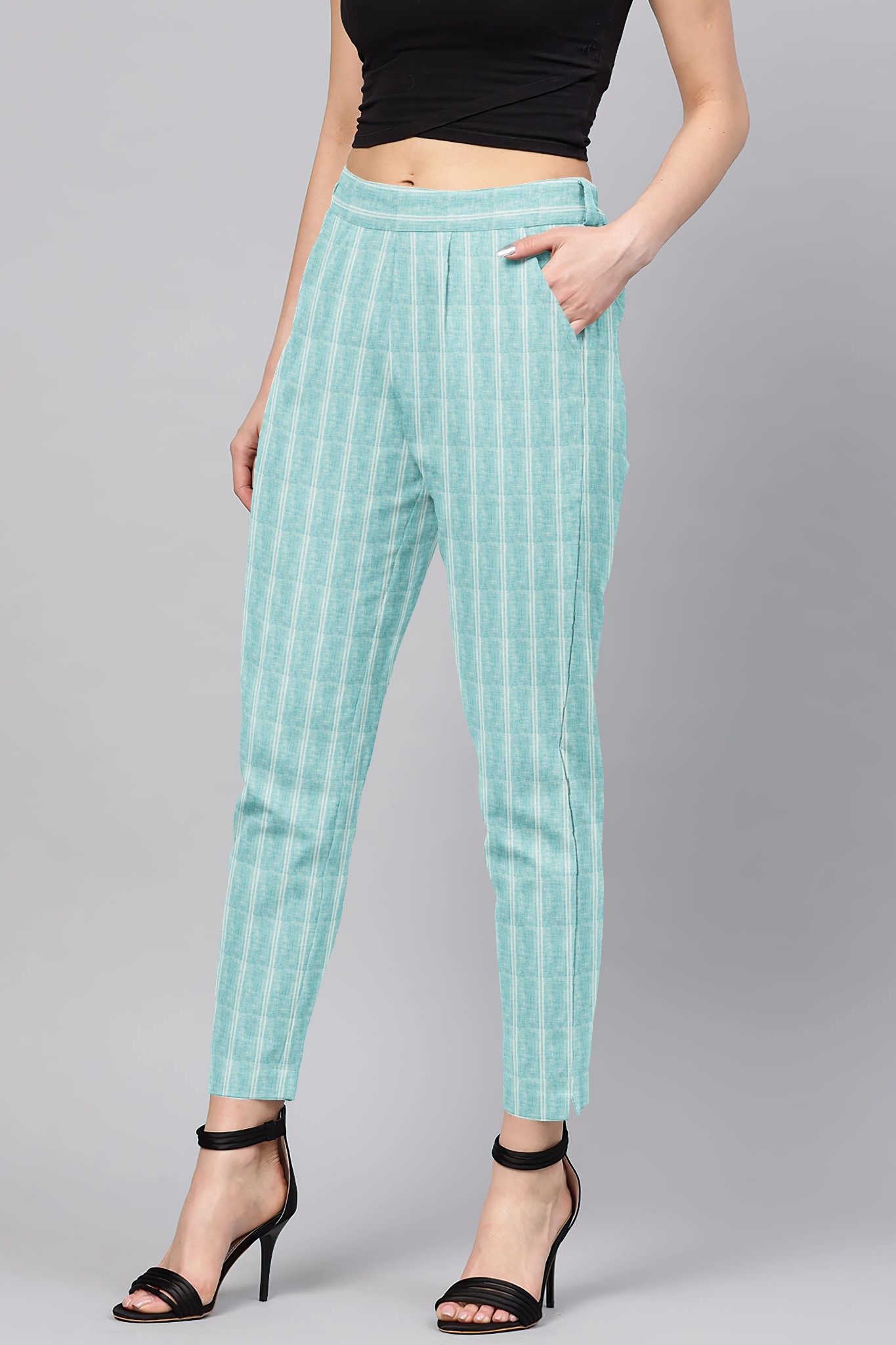 Sky Blue White Cotton Stripe Regular Fit Solid Trouser-36061
