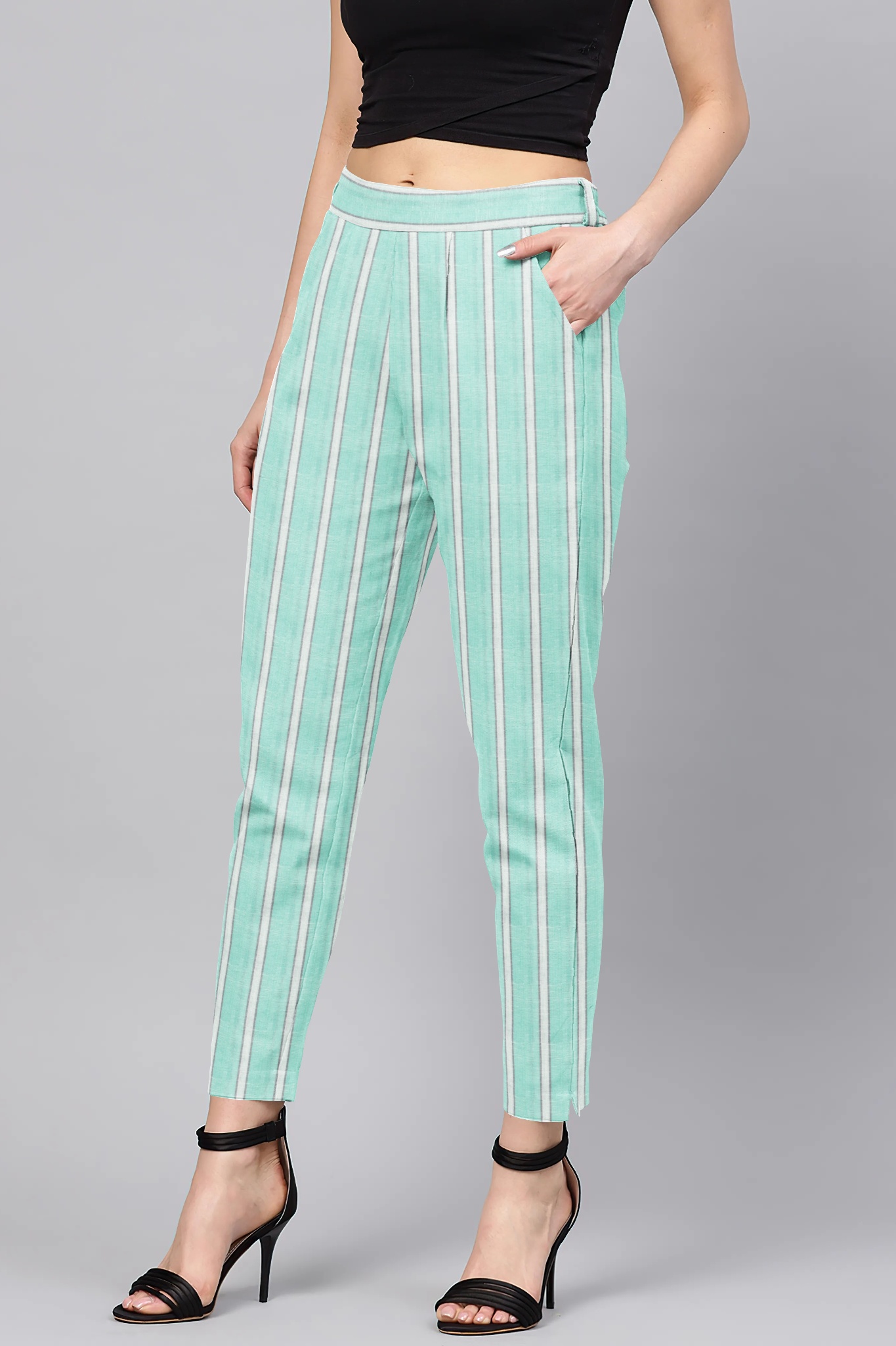 Sky Blue White Cotton Stripe Regular Fit Solid Trouser-36062