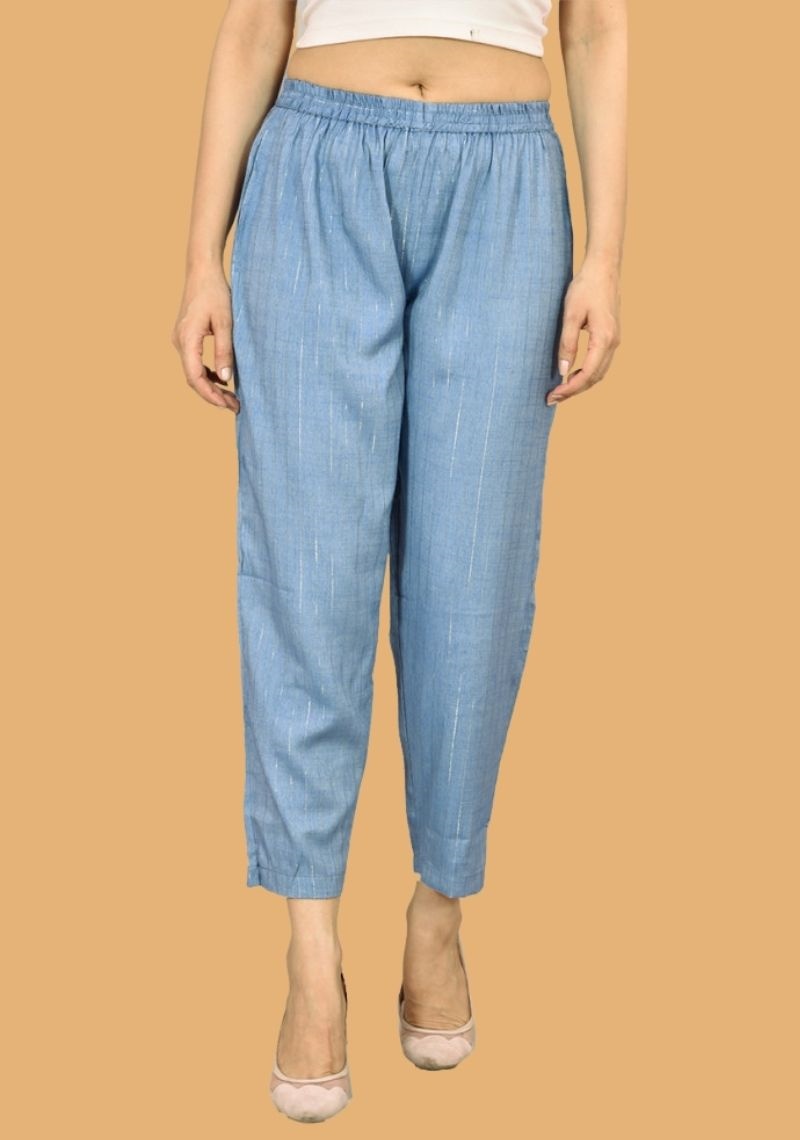 Sky Blue Zari Rayon Slub Women Ankle Length Pant-43584