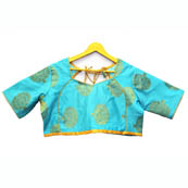 Sky Blue and Golden Tree Silk Brocade Blouse-30106