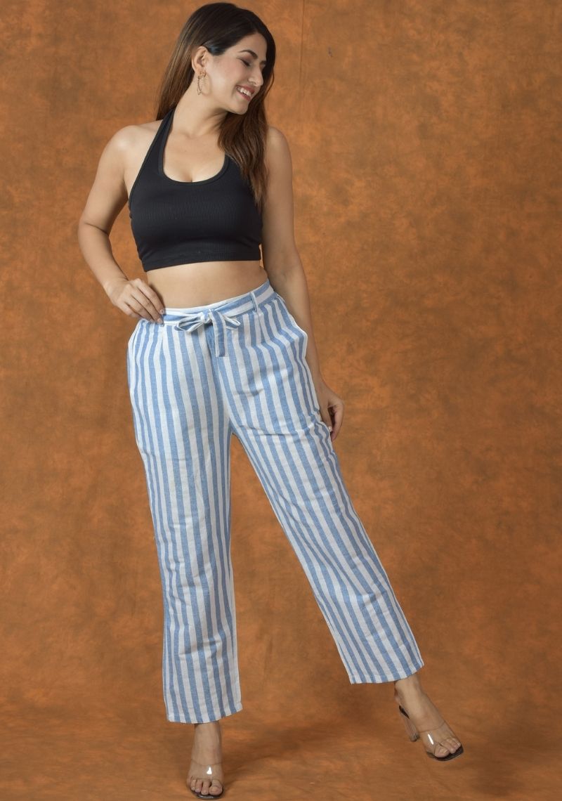 Sky Blue and White Cotton Stripe Women Trouser-45237