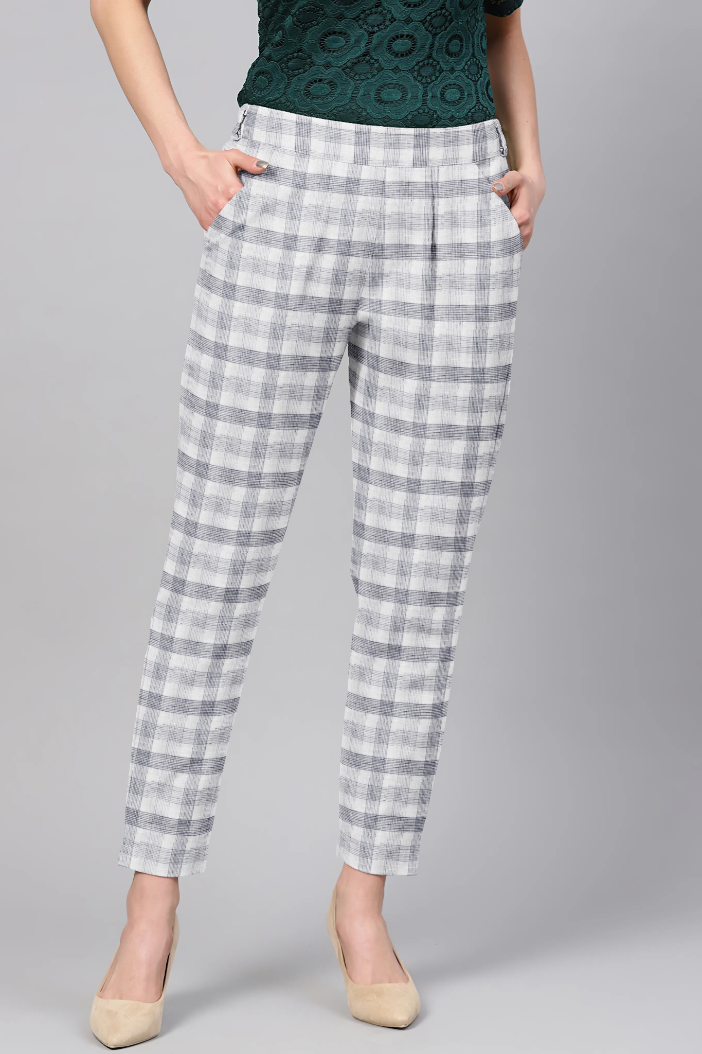 White Black Cotton Check Regular Fit Solid Trouser-36073