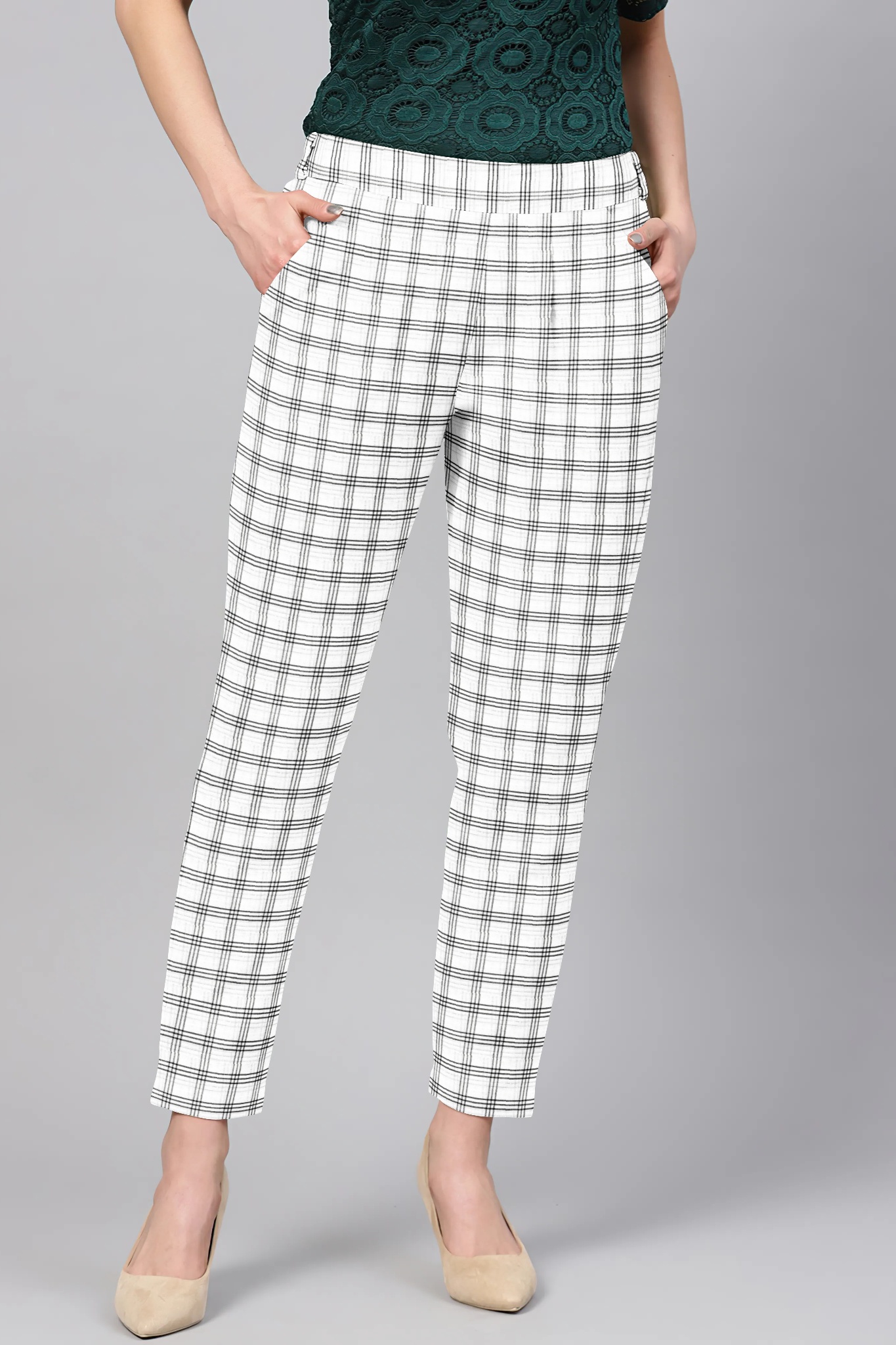White Black Cotton Check Regular Fit Solid Trouser-36085