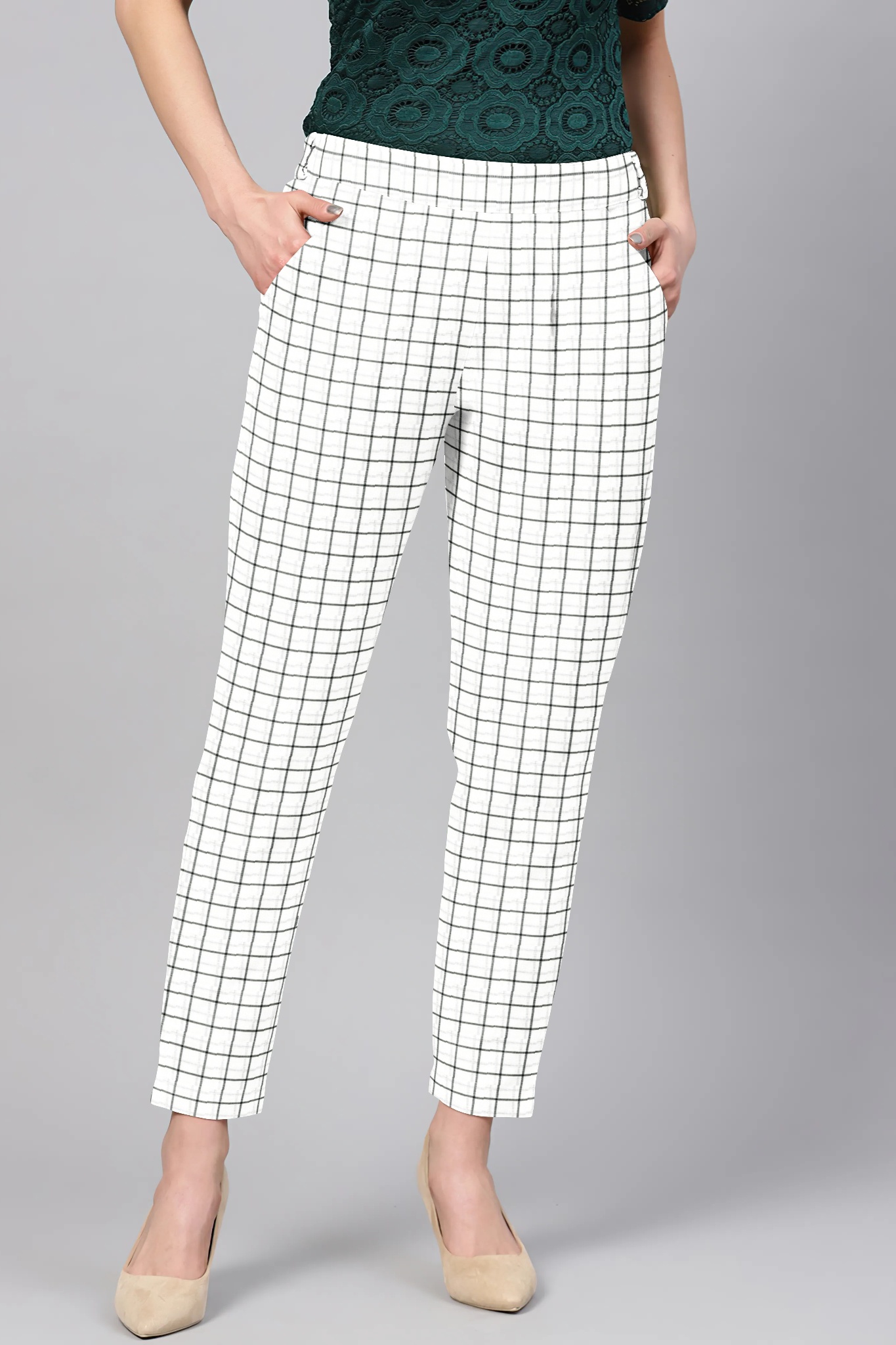 White Black Cotton Check Regular Fit Solid Trouser-36093