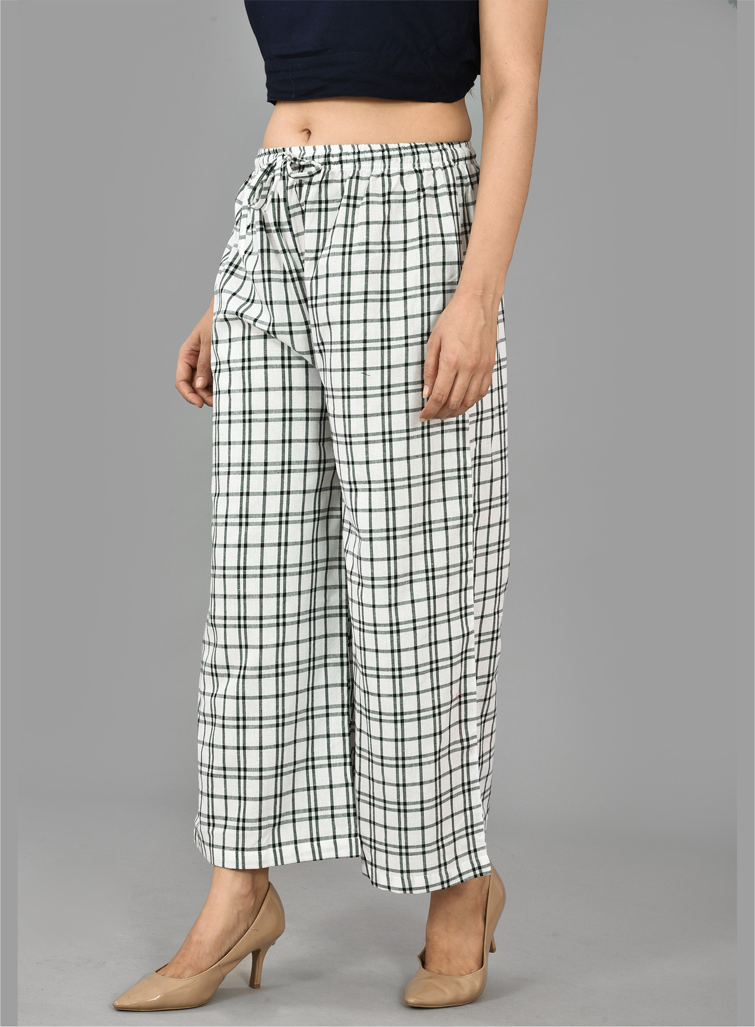 White Black Cotton Checks Palazzo Pant-36723