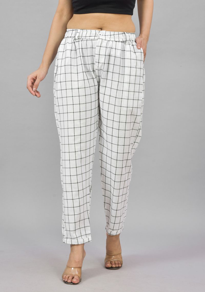 White Black Cotton Checks Women Straight Trouser-43992