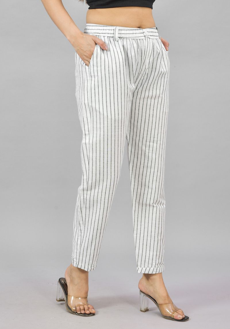 White Black Cotton Stripe Women Straight Trouser-43993