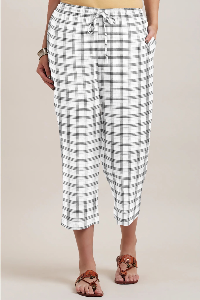 White Black Cotton Triple Line Check Women Culottes-35926