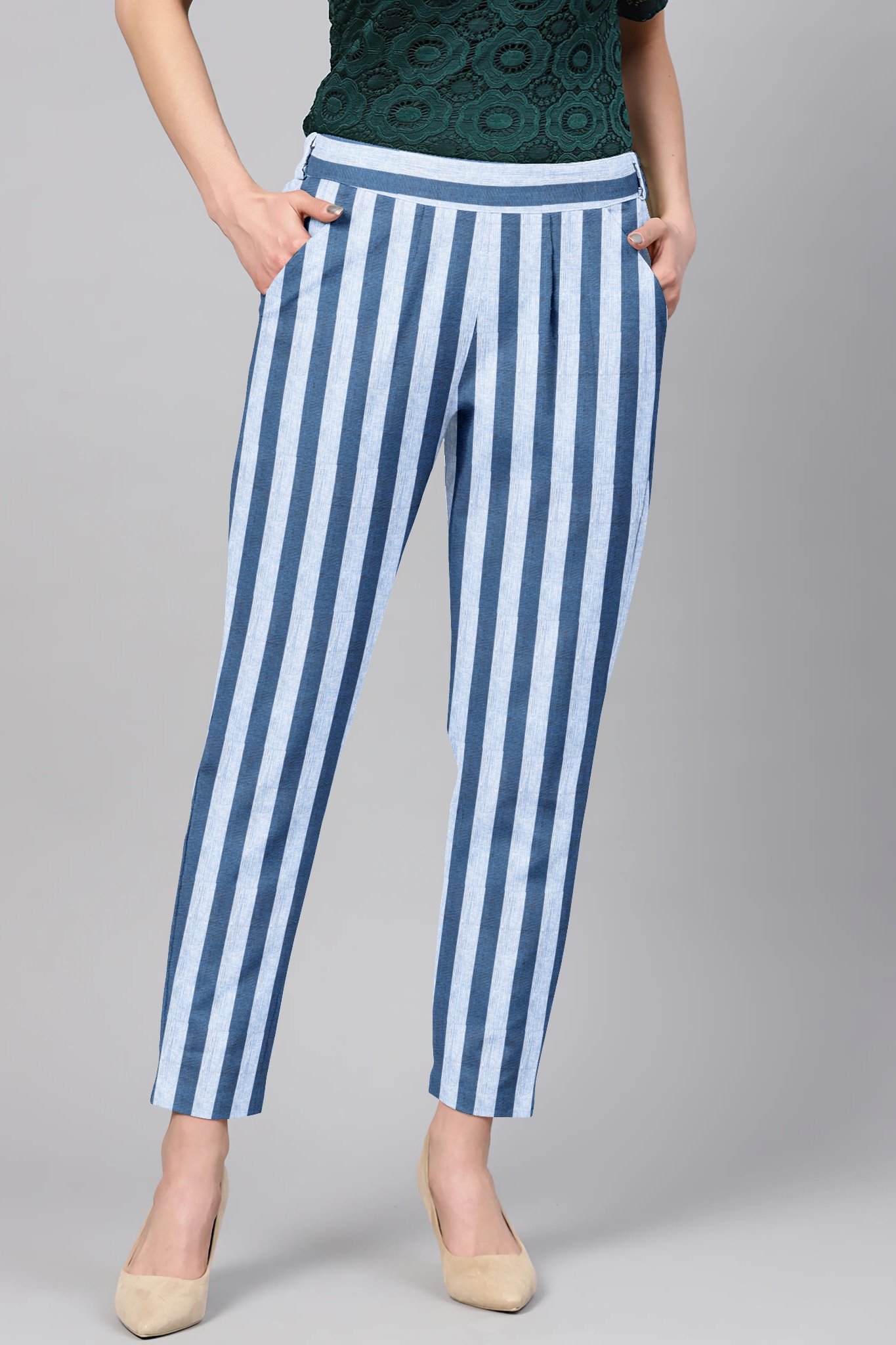 White Blue Cotton Stripe Regular Fit Solid Trouser-36090