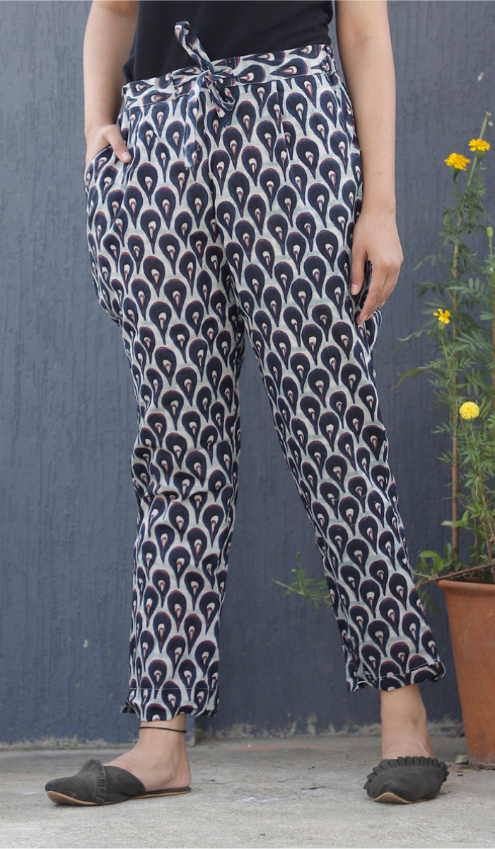 White Blue Indigo Block Print Cotton Pant-34099