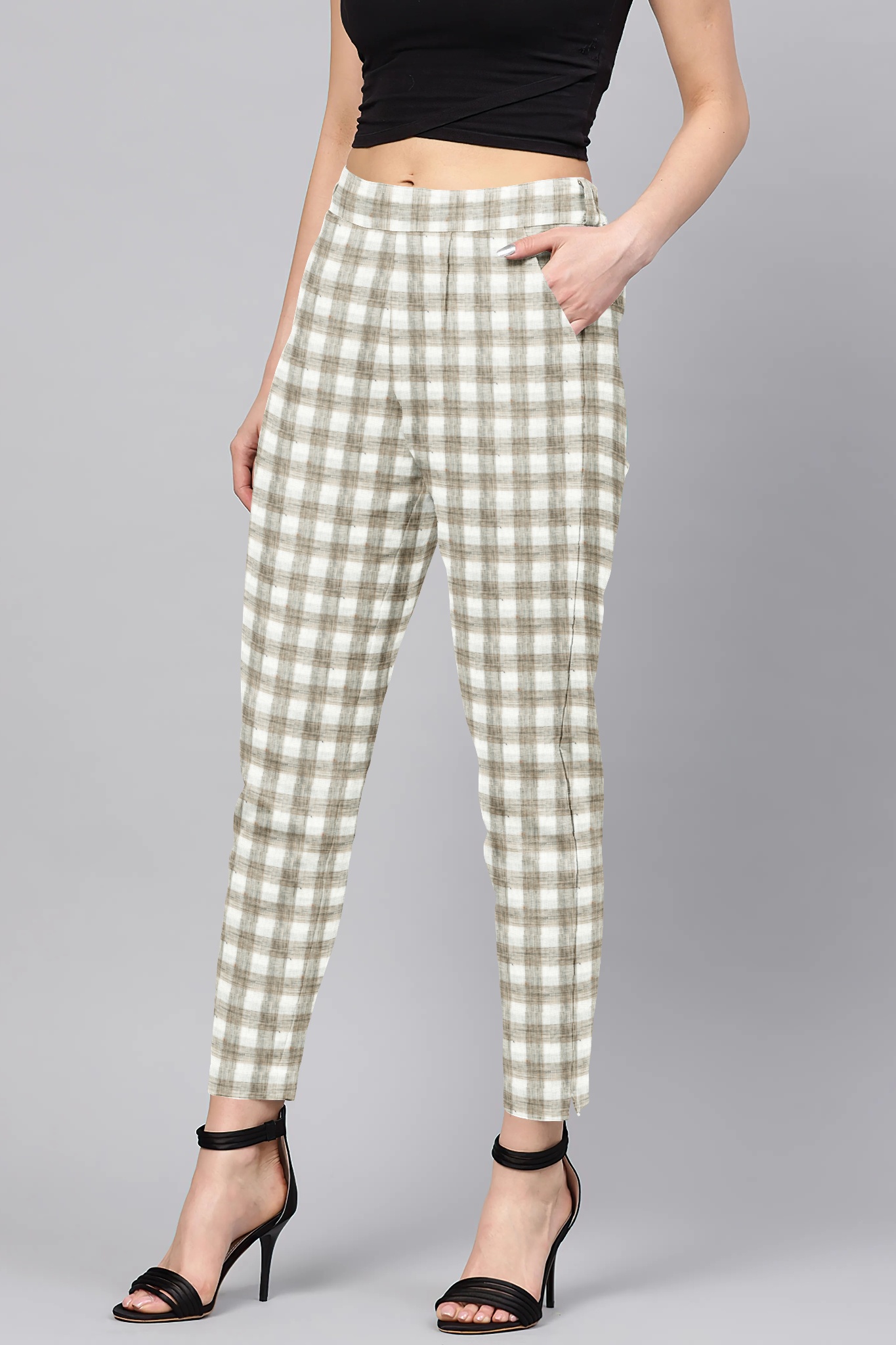 White Brown Cotton Check Regular Fit Solid Trouser-36055