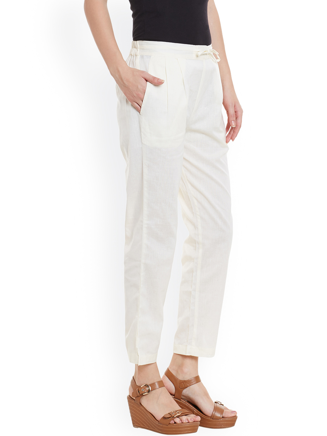 White Cotton Cropped Pant-33523