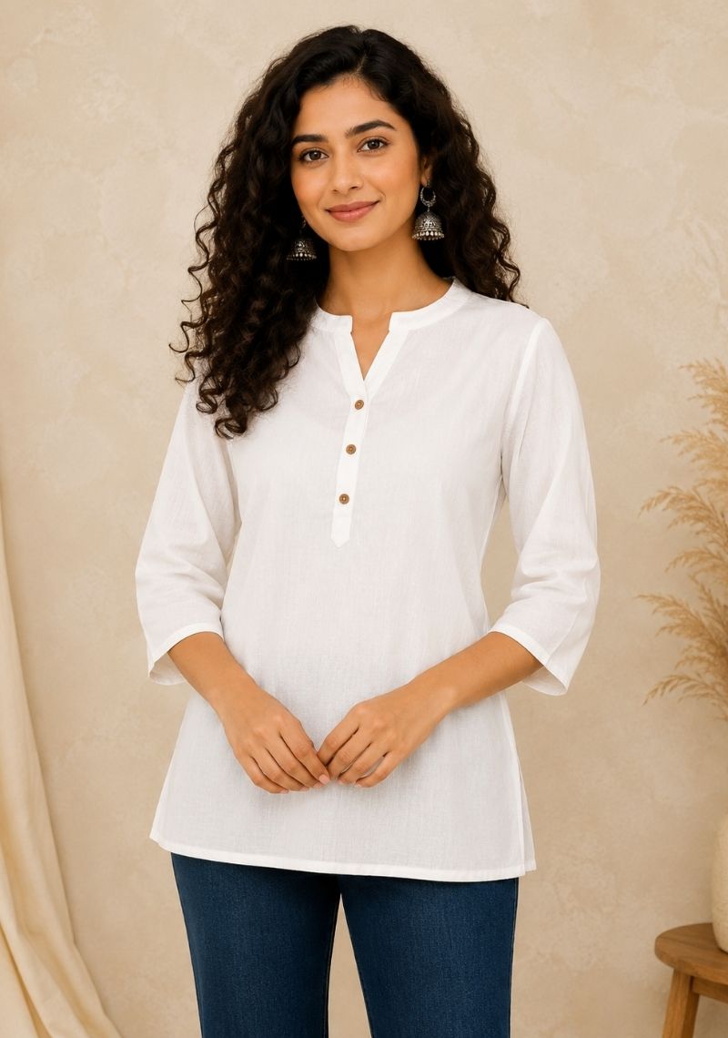 White Cotton Ethnic Women Solid Short Top-51188