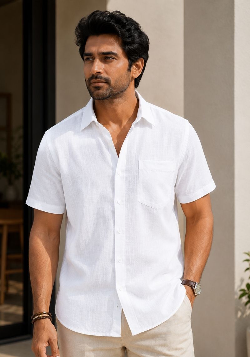 White Cotton Linen Relaxed Fit Half Sleeve Shirt-51704