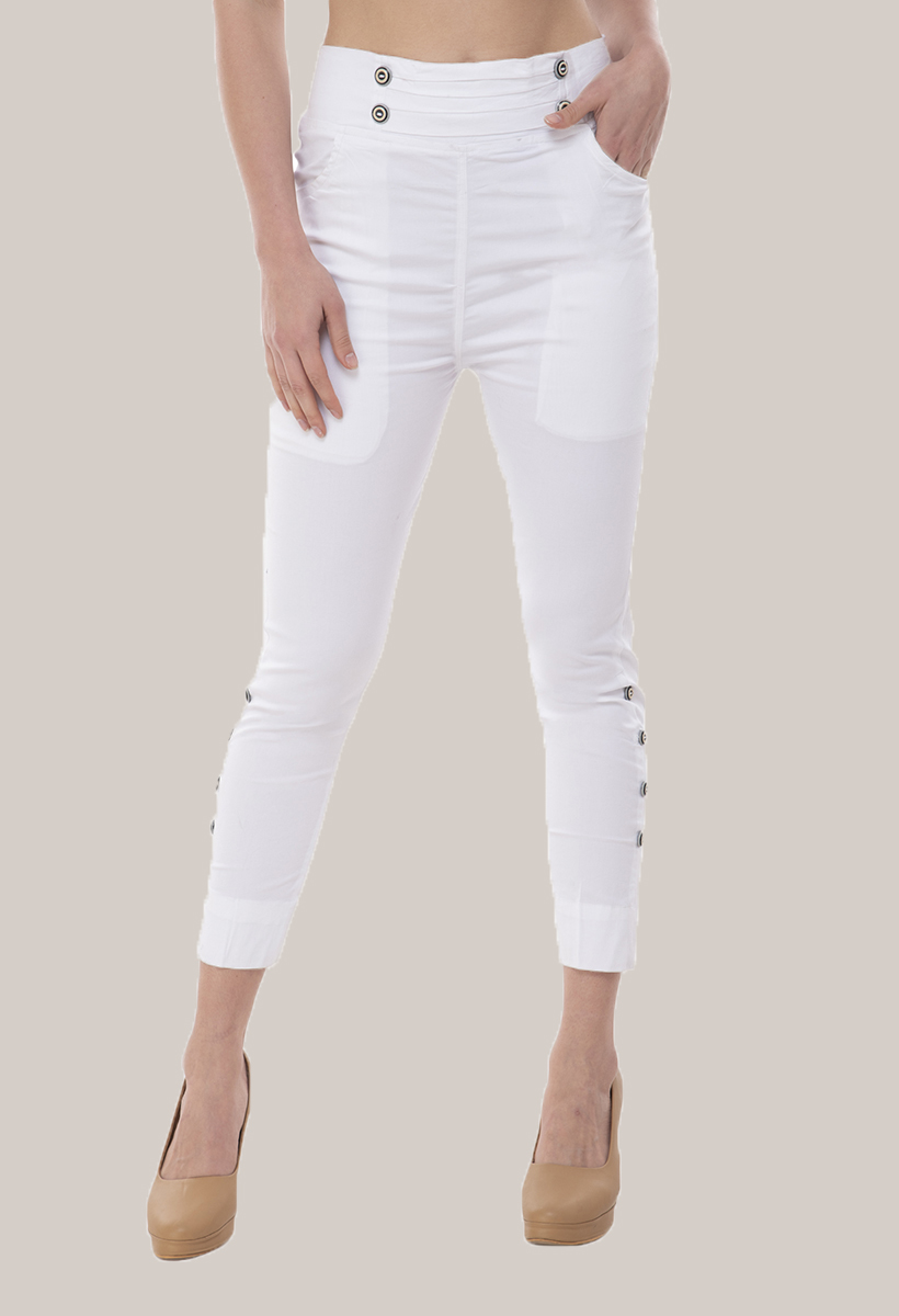 White Cotton Lycra Roll Up Pant-33501