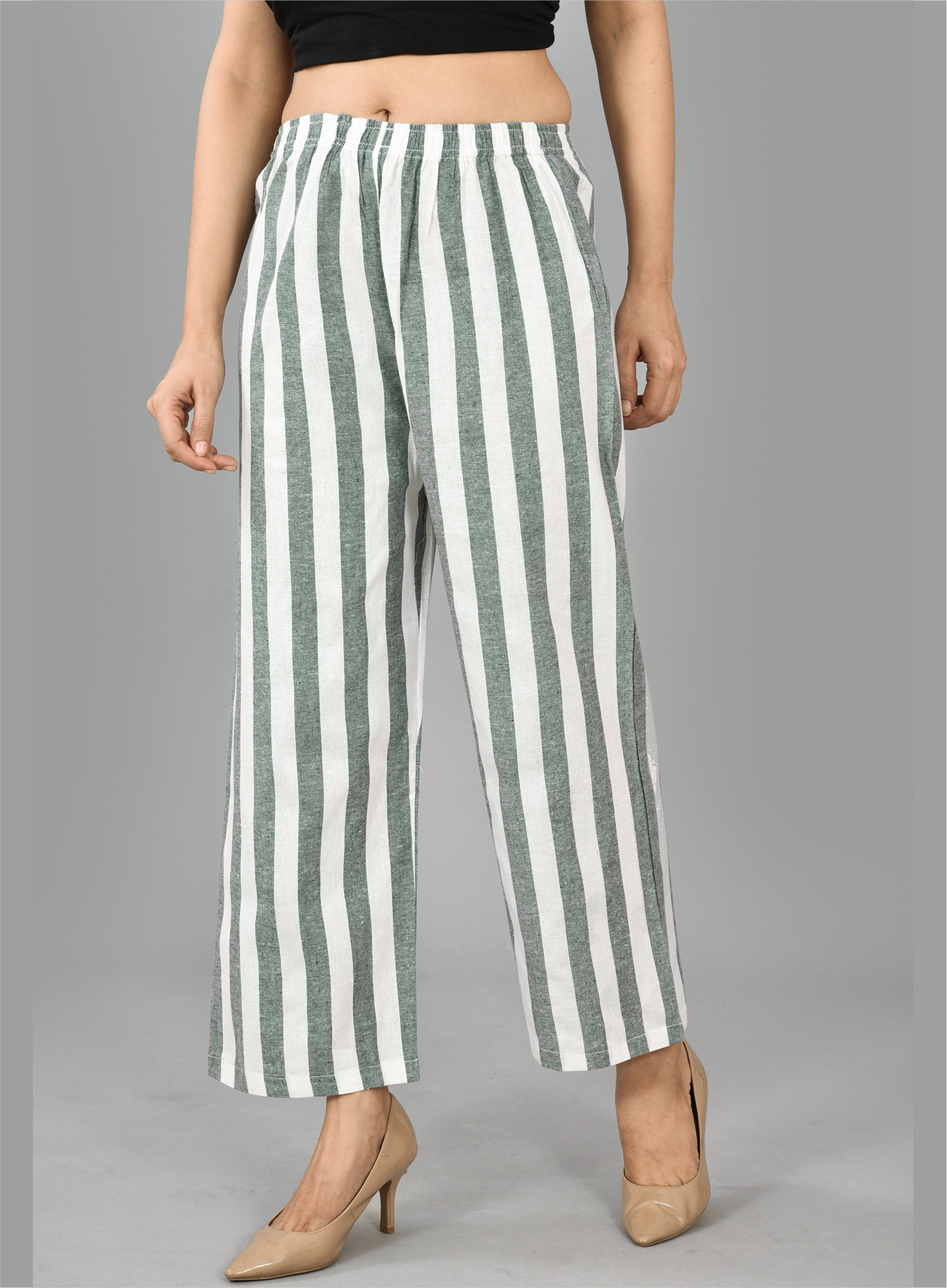 White Gray Cotton Stripe Palazzo Pant-36726