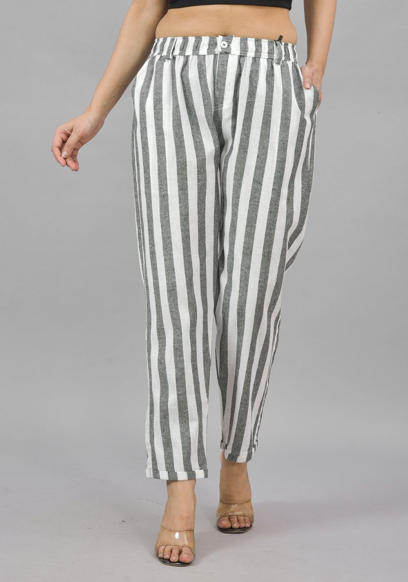 White Gray Cotton Stripe Women Straight Trouser-43996