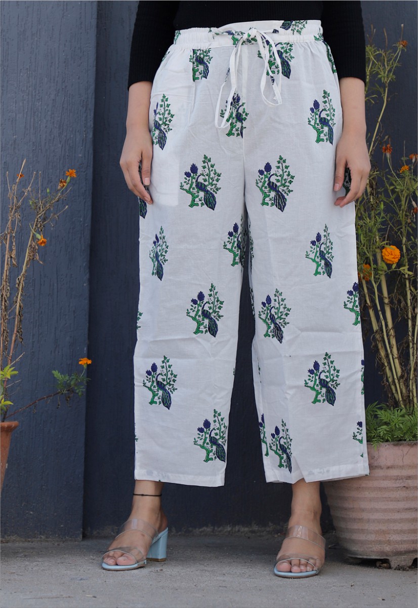 White Green Cotton Floral Palazzo Pant-34344