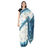 White-Green and Blue Cotton Block Print Saree-20116
