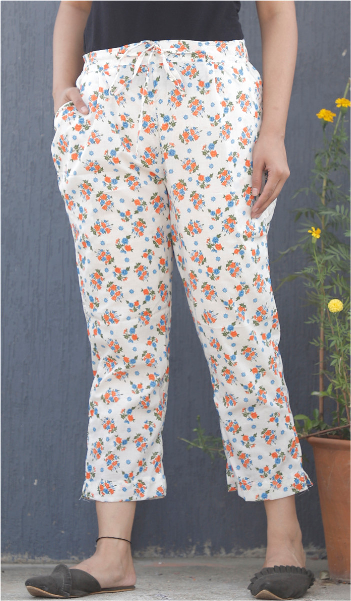 White Orange Floral Block Print Cotton Pant-34115