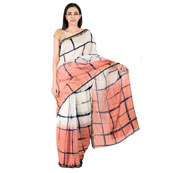 White-Peach and Blue Block Print Chanderi Saree-20144