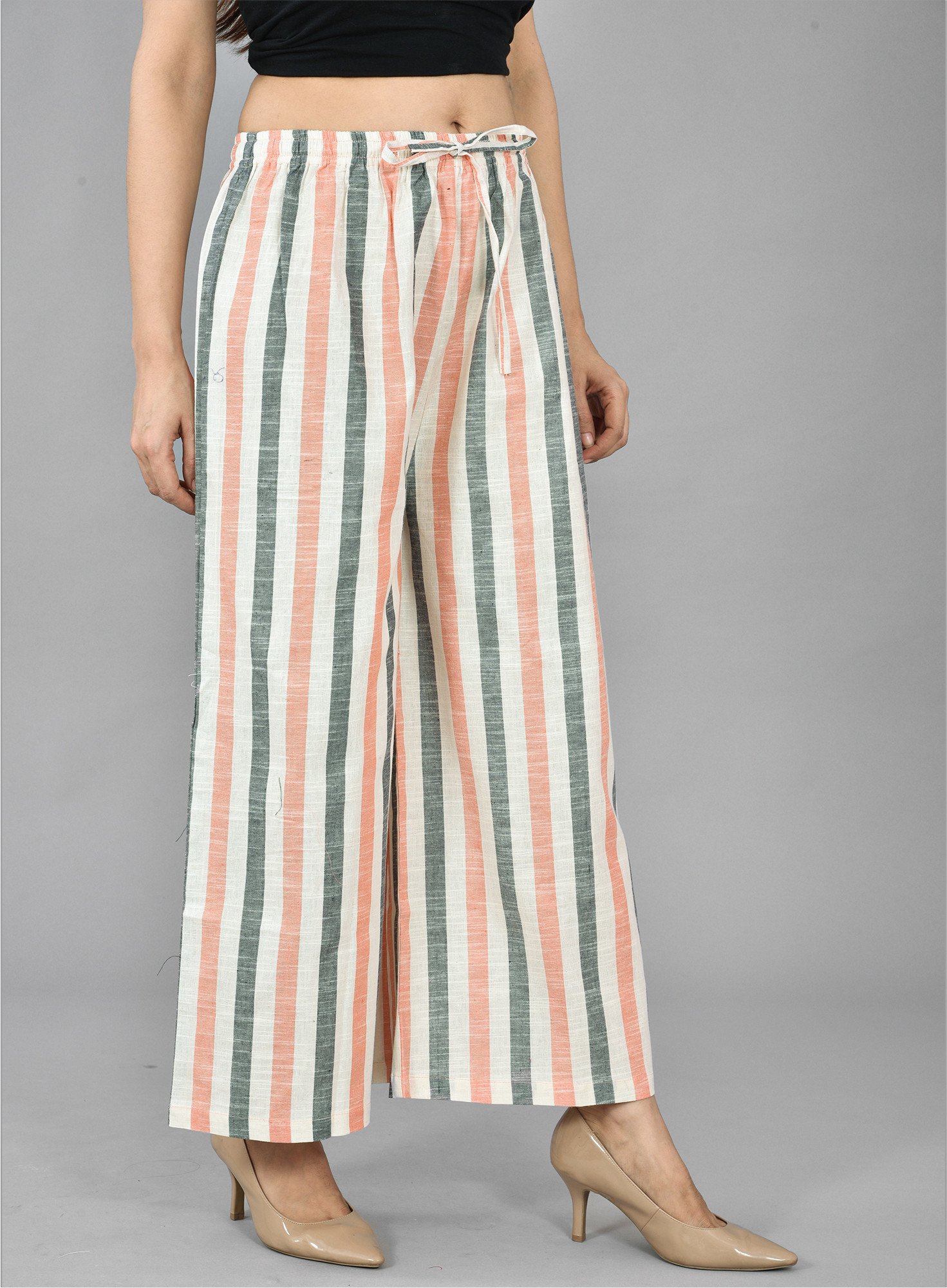 White Peach and Gray Cotton Stripe Palazzo Pant-36730