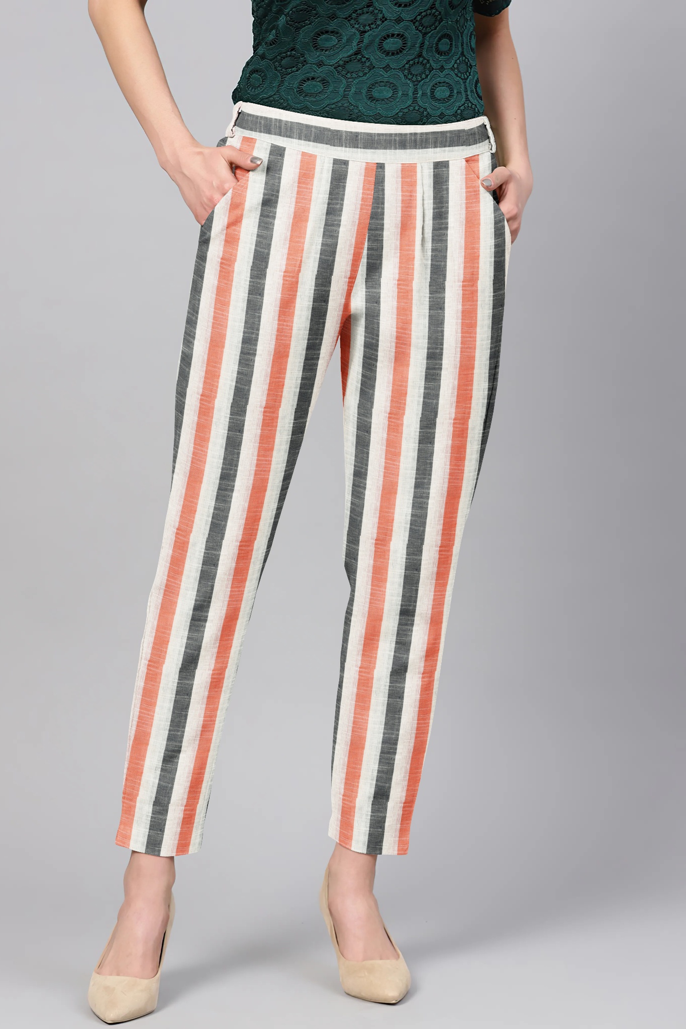 White Peach and Gray Cotton Stripe Regular Fit Solid Trouser-36113
