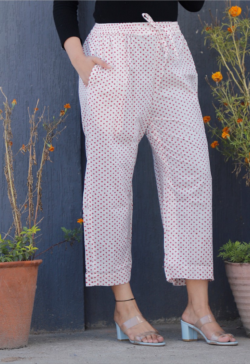 White Pink Cotton Polka Palazzo Pant-34341
