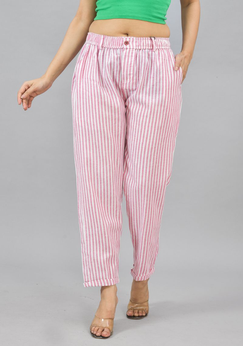 White Pink Cotton Stripe Women Straight Trouser-44005