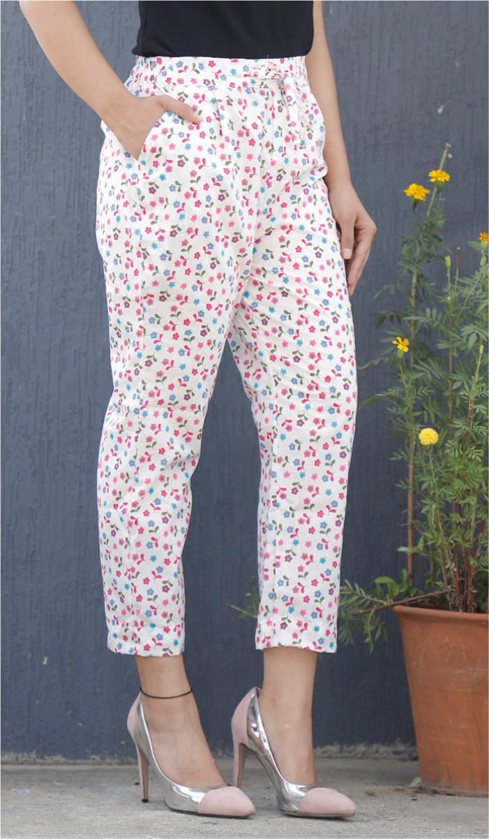 White Pink Floral Block Print Cotton Pant-34087