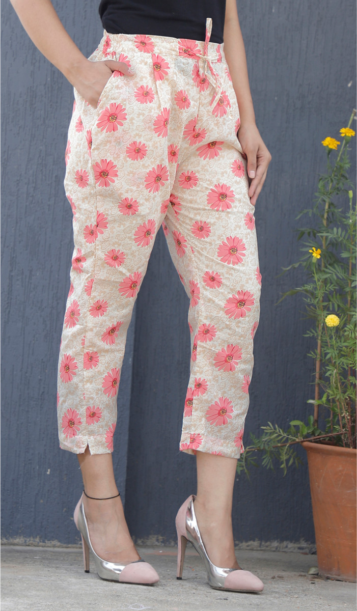White Pink Floral Block Print Cotton Pant-34093