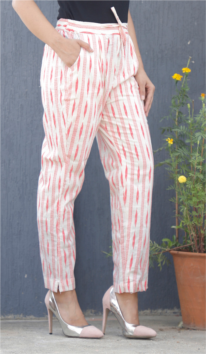 White Pink Stripe Block Print Cotton Pant-34078
