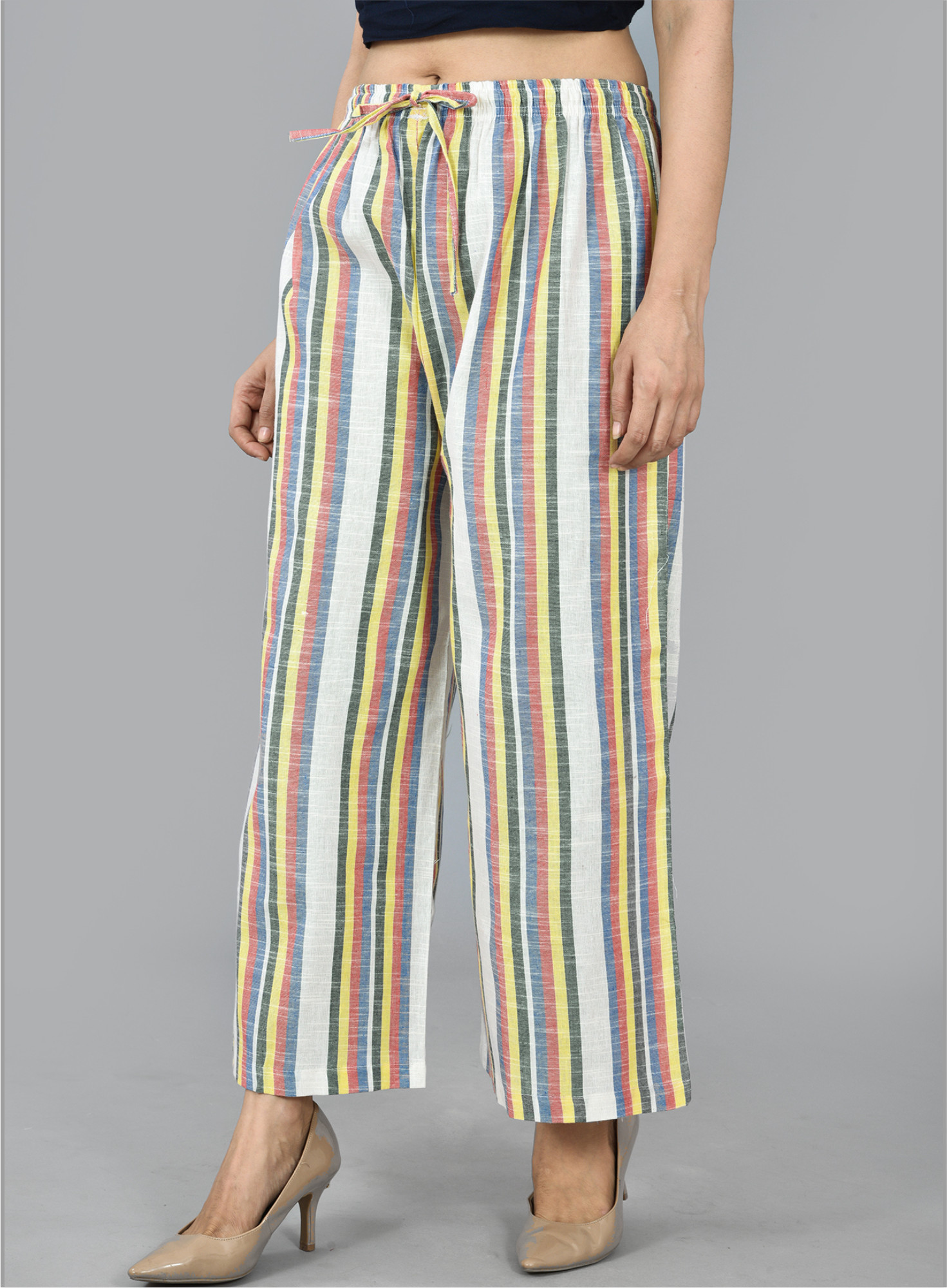 White Pink and Yellow Cotton Stripe Palazzo Pant-36724