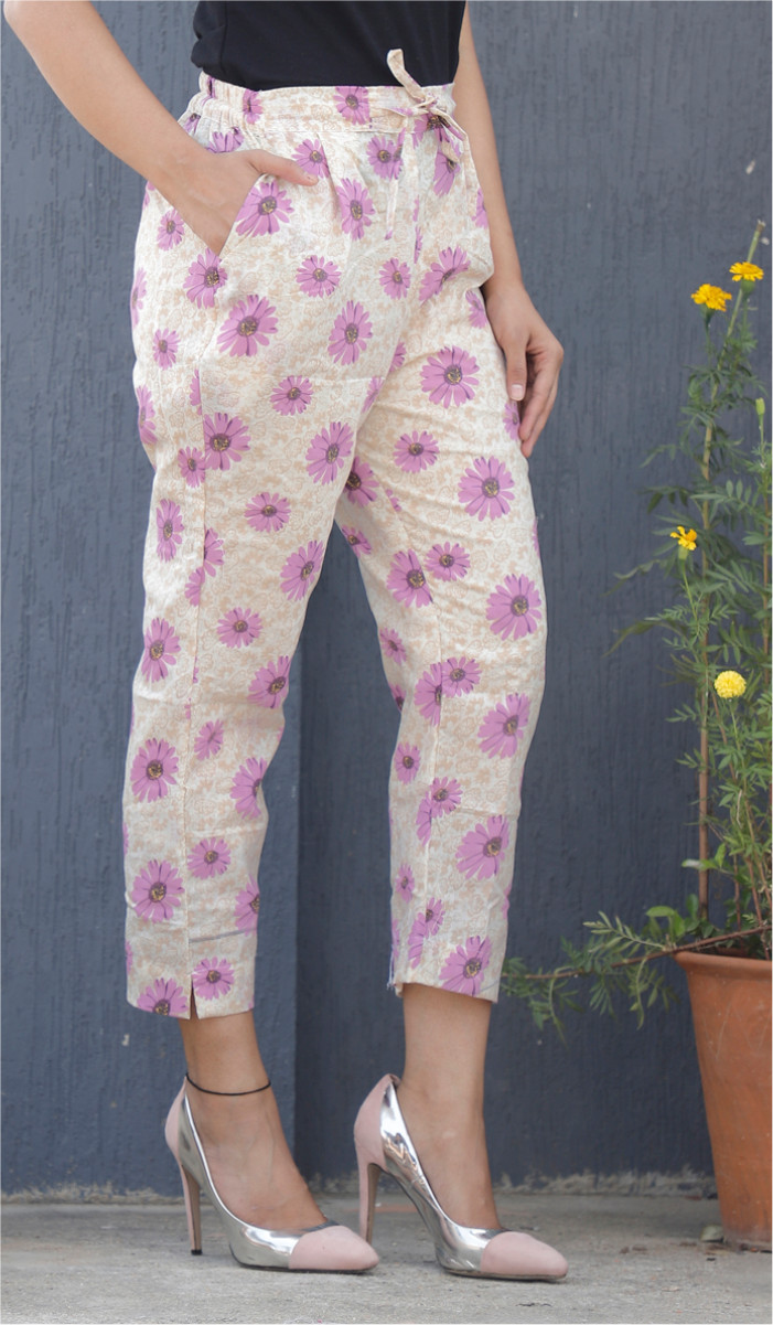 White Purple Floral Block Print Cotton Pant-34091