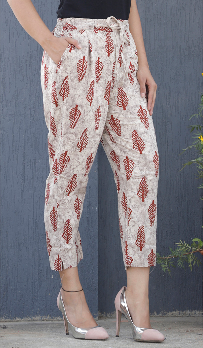 White Red Floral Block Print Cotton Pant-34094