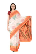 White-Red and Green Cotton Block Print Kalamkari Saree-20138
