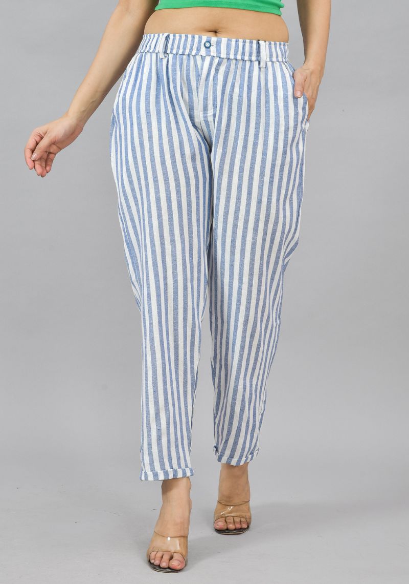 White Sky Blue Cotton Stripe Women Straight Trouser-44004