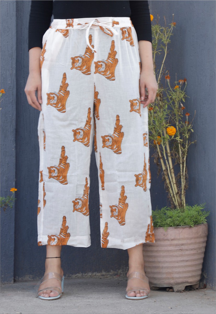 White Yellow Cotton Animal Palazzo Pant-34358