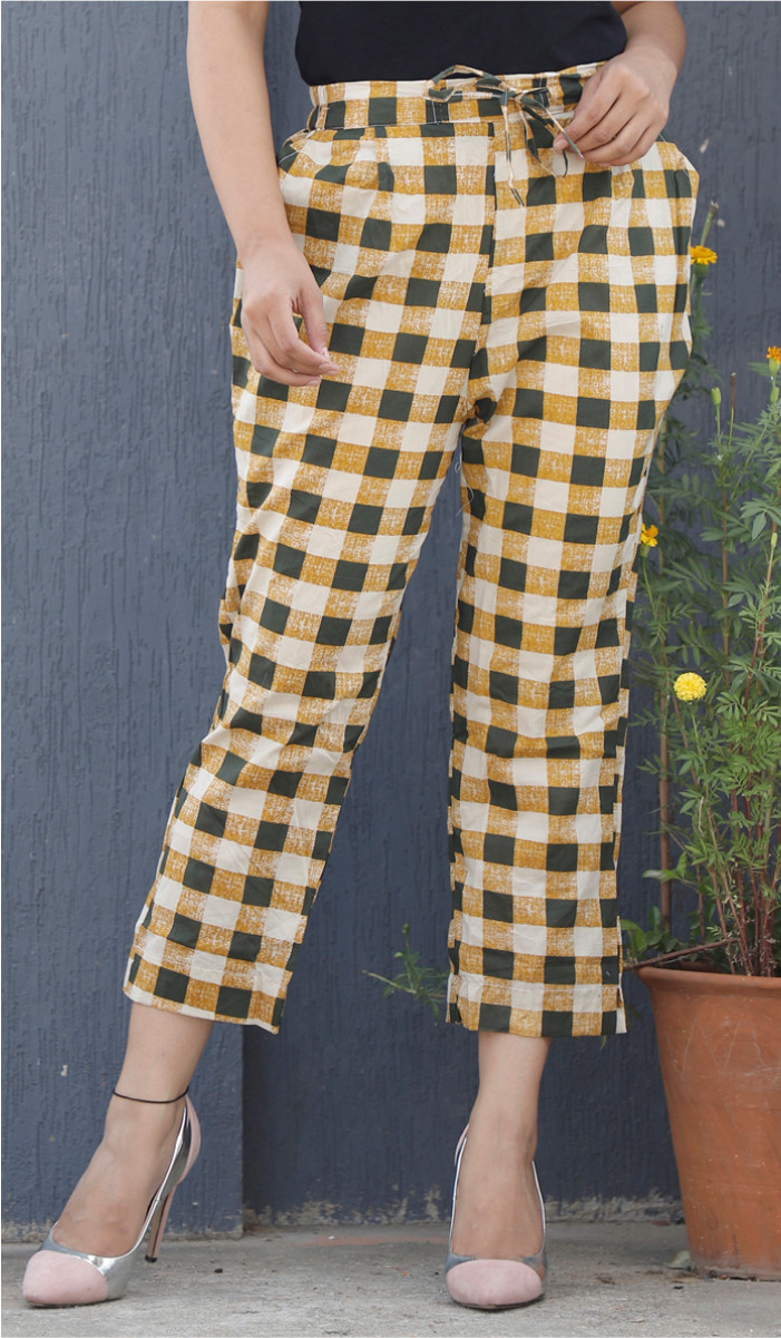 White Yellow and Green Checks Block Print Cotton Pant-34086