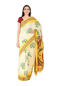 White-Yellow and Green Cotton Block Print Kalamkari Saree-20139