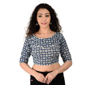 White and Blue Elbow Sleeve Cotton Indigo Blouse-30150