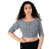 White and Blue Elbow Sleeve Cotton Indigo Blouse-30151