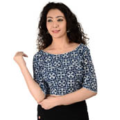 White and Blue Elbow Sleeve Cotton Indigo Blouse-30156